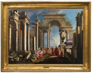 Alberto Carlieri (Roma 1672-1720), Capricho arquitectónico con la prédica de San Pablo en el Areópago de Atenas, pintura al óleo sobre lienzo.